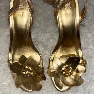 INC Gold Strappy Heels Floral Detail Dressy Sandals | Size 7.5